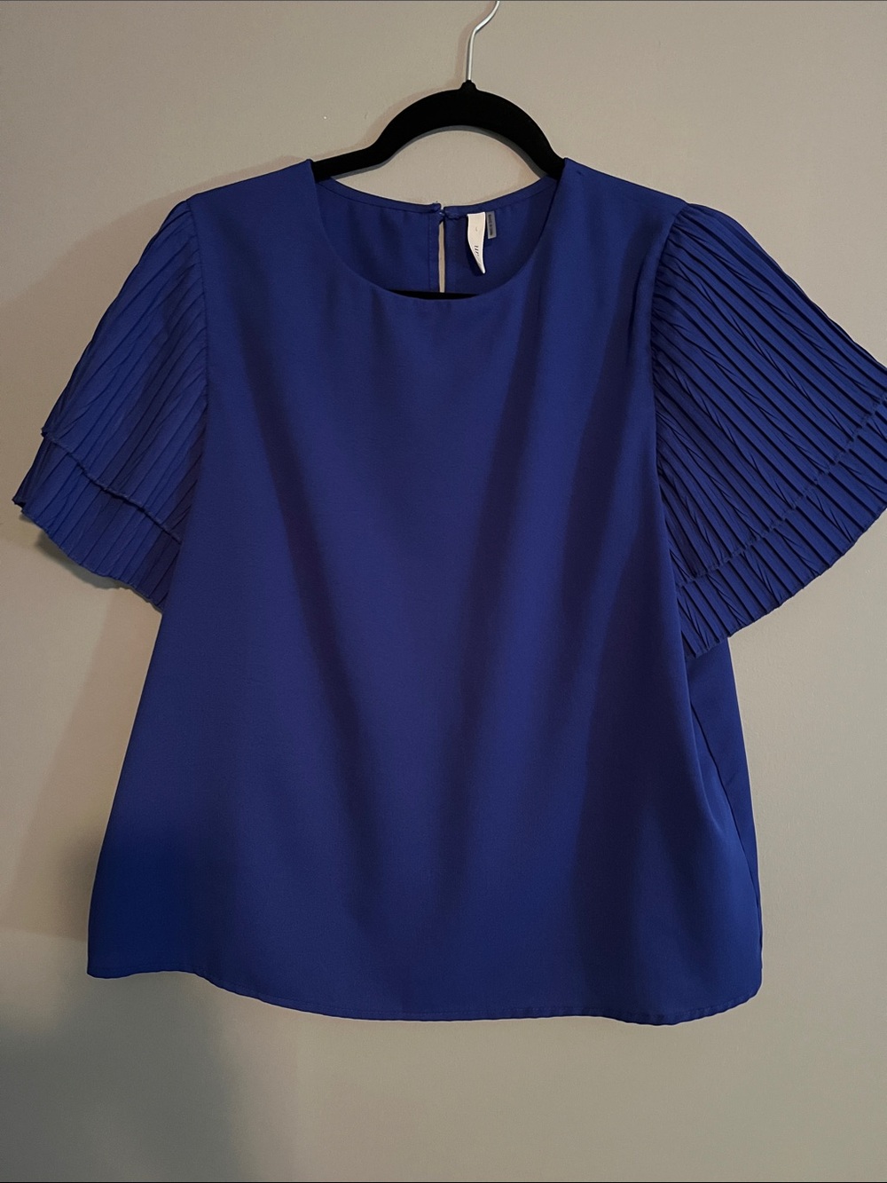 glam Cobalt Blue Pleated-Sleeve Round Neck Top